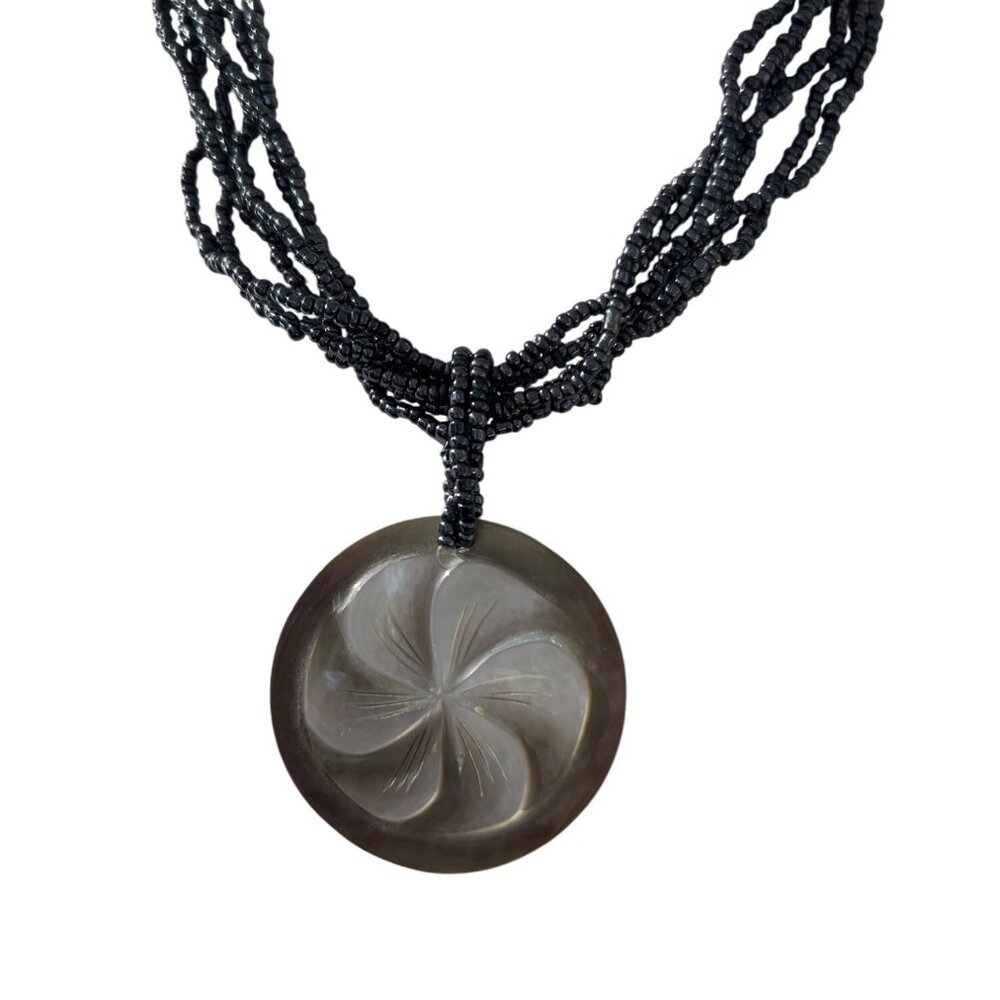 Vintage Dark Silver Seed Bead Necklace Carved Mother of Pearl Pendant Estate 18"